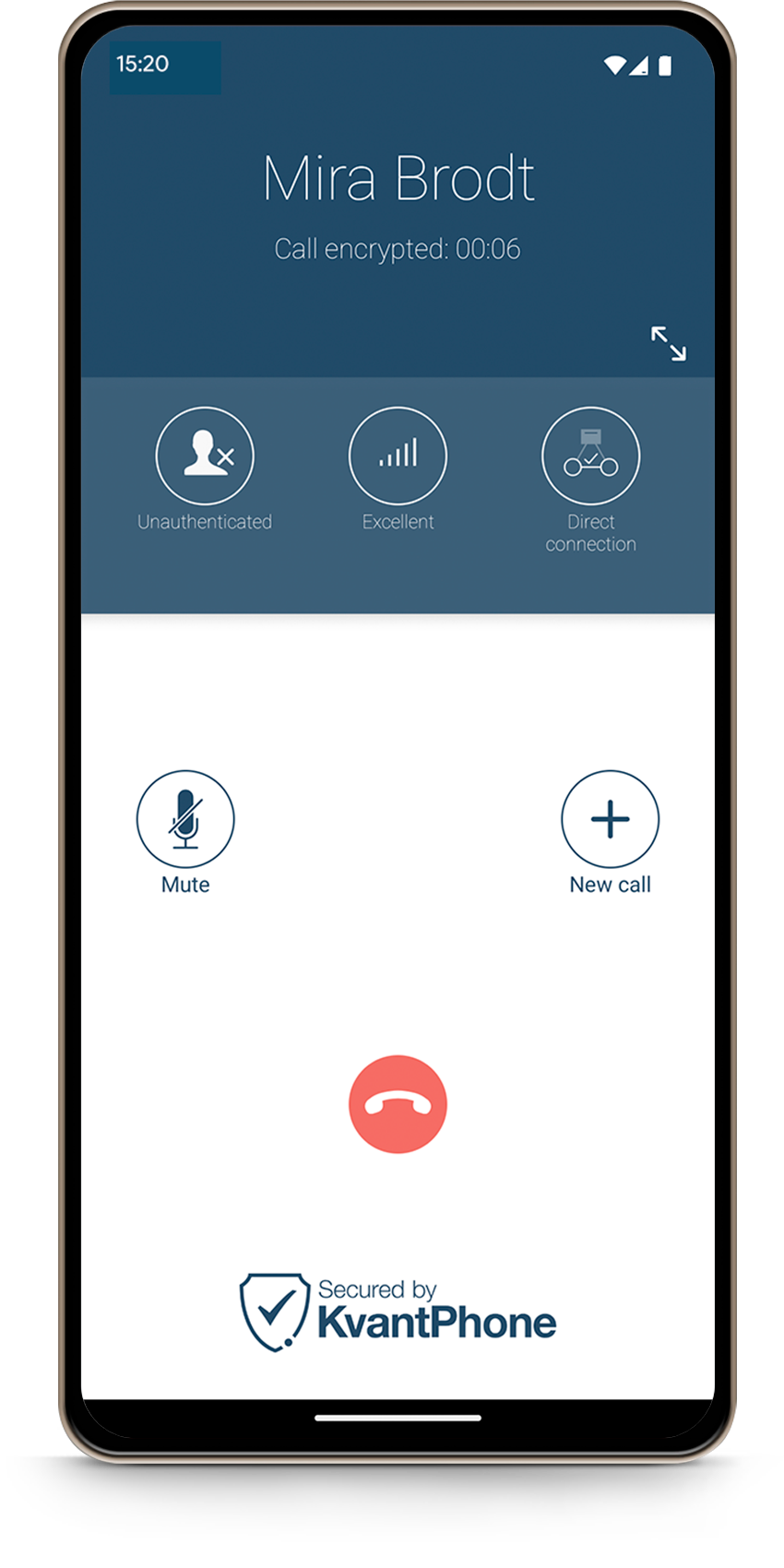 KvantPhone secure call screen on an Android phone