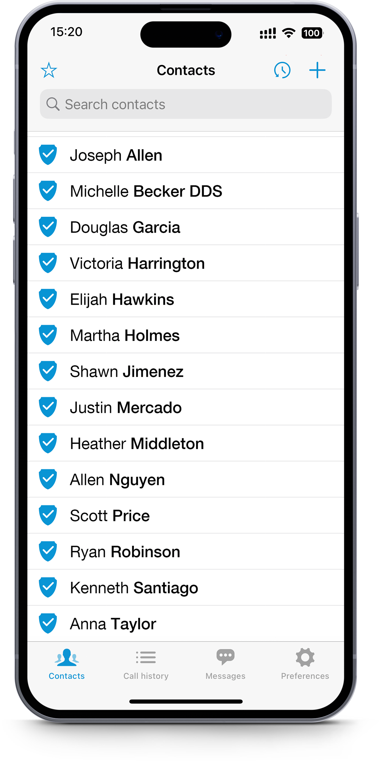 KvantPhone contact list on an iPhone