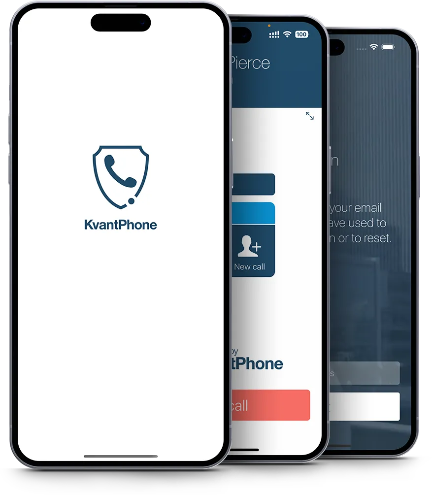 Three iPhones showing KvantPhone splash, call and sign-in screens