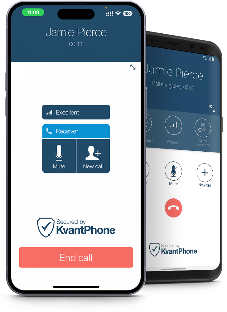 KvantPhone interfaces displayed on iOS and Android phones